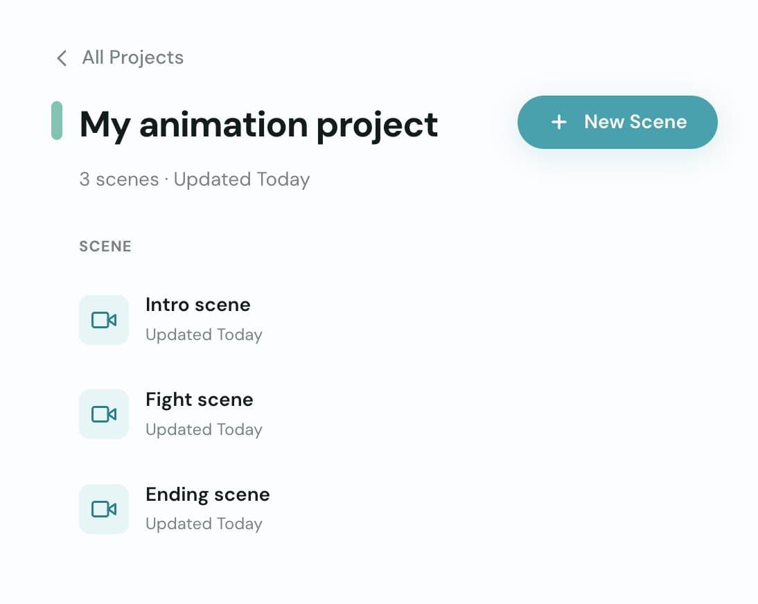 Scene list in a Sclera project