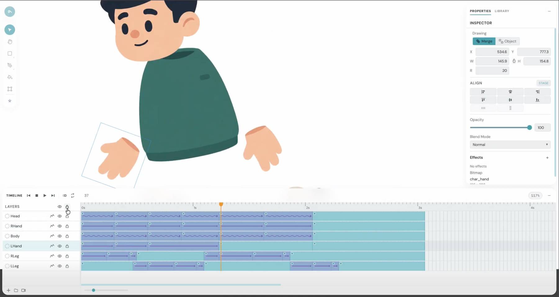 A character walk animation being built in Sclera's editor with layers and keyframes