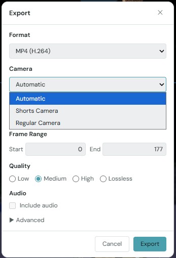 The Export dialog's Camera dropdown showing Automatic, Shorts Camera, and Regular Camera options